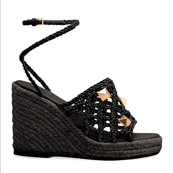 Valentino Shoes - VALENTINO Garavani Roman Stud Macrome Espadrille Sandals Wedges Black